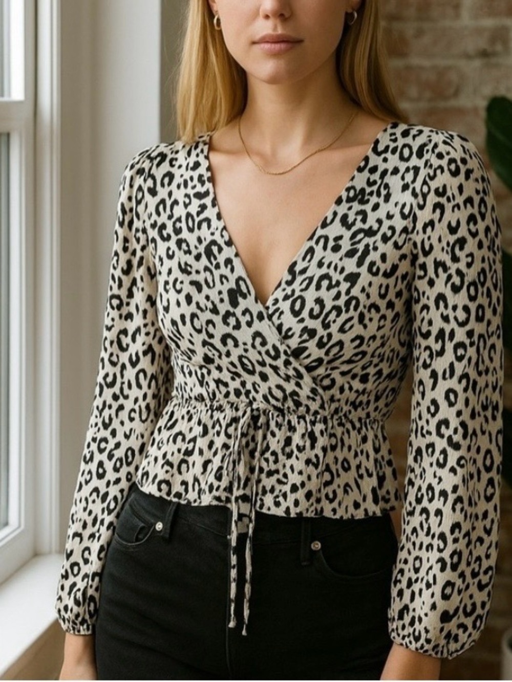 Zara Leopard-Print Wrap Top - Cream/Black